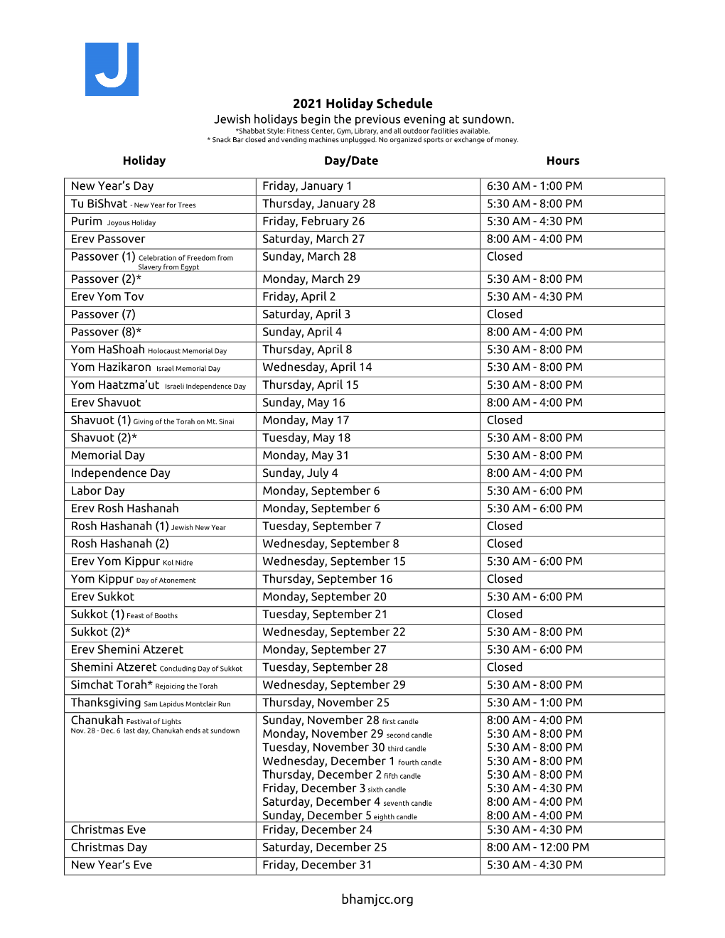 2021 Holiday Schedule Bhamjcc.Org