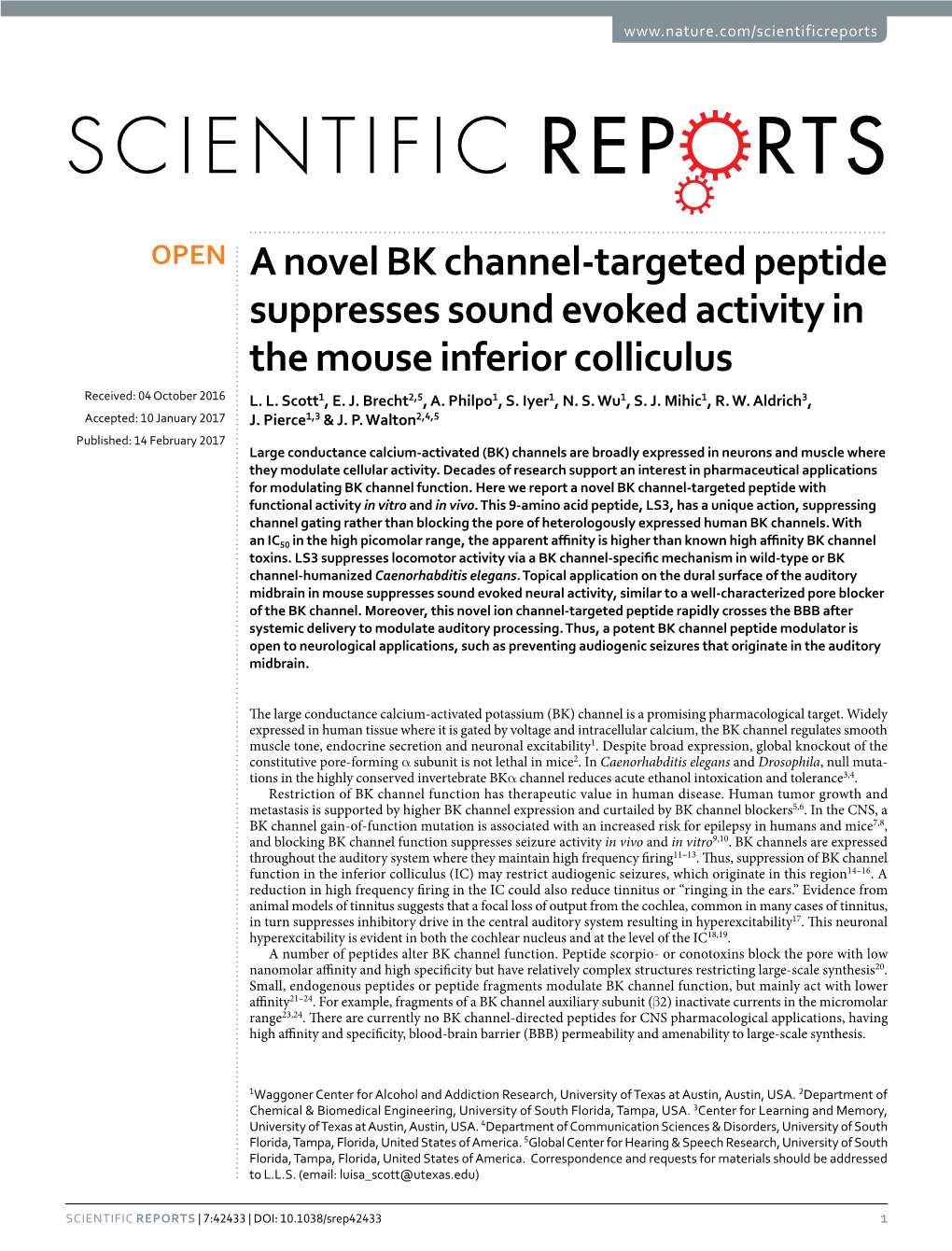 A Novel BK Channel-Targeted Peptide Suppresses Sound Evoked Activity in the Mouse Inferior Colliculus Received: 04 October 2016 L