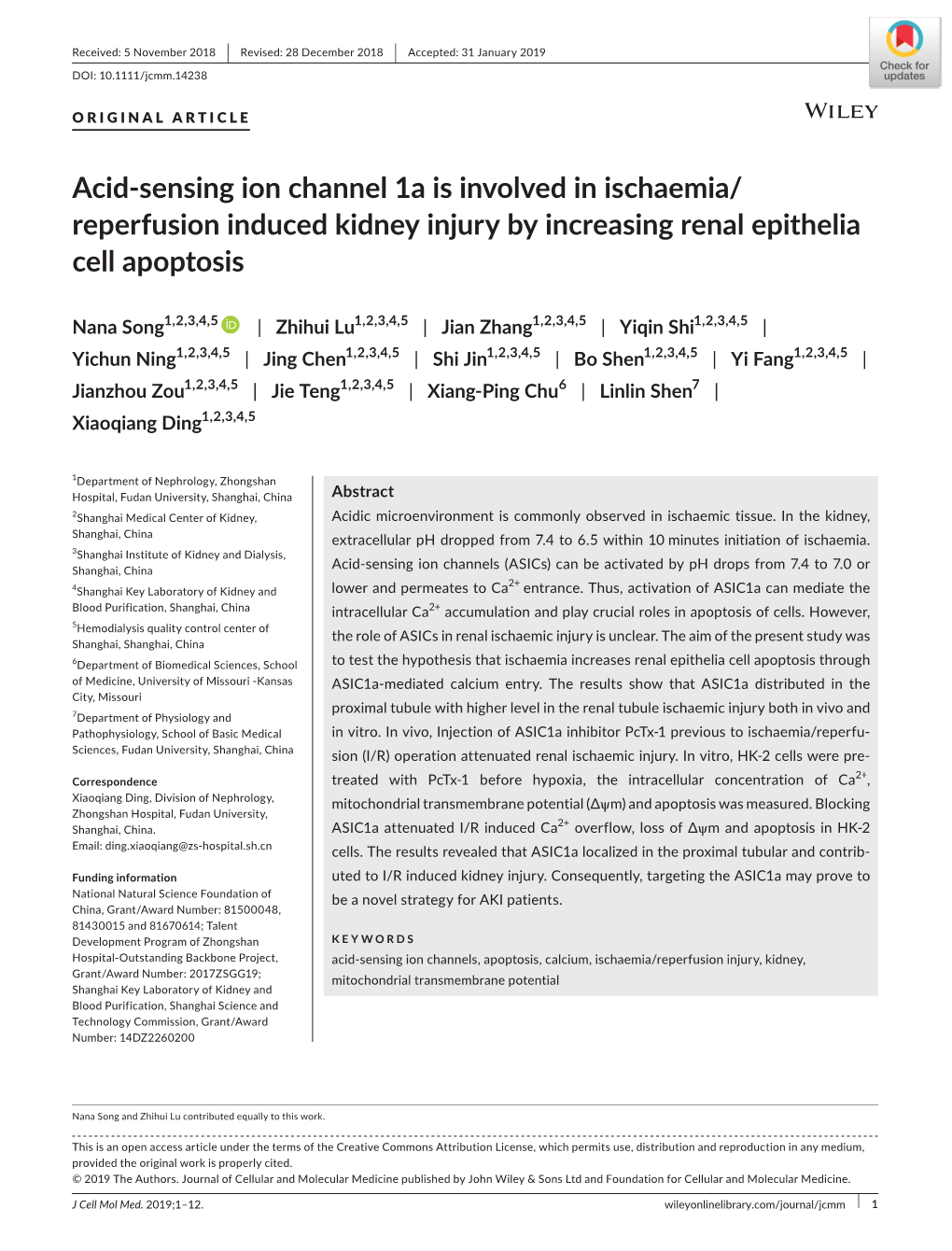 Acid‐Sensing Ion Channel 1A Is Involved in Ischaemia/Reperfusion Induced Kidney Injury by Increasing Renal Epithelia Cell Apop