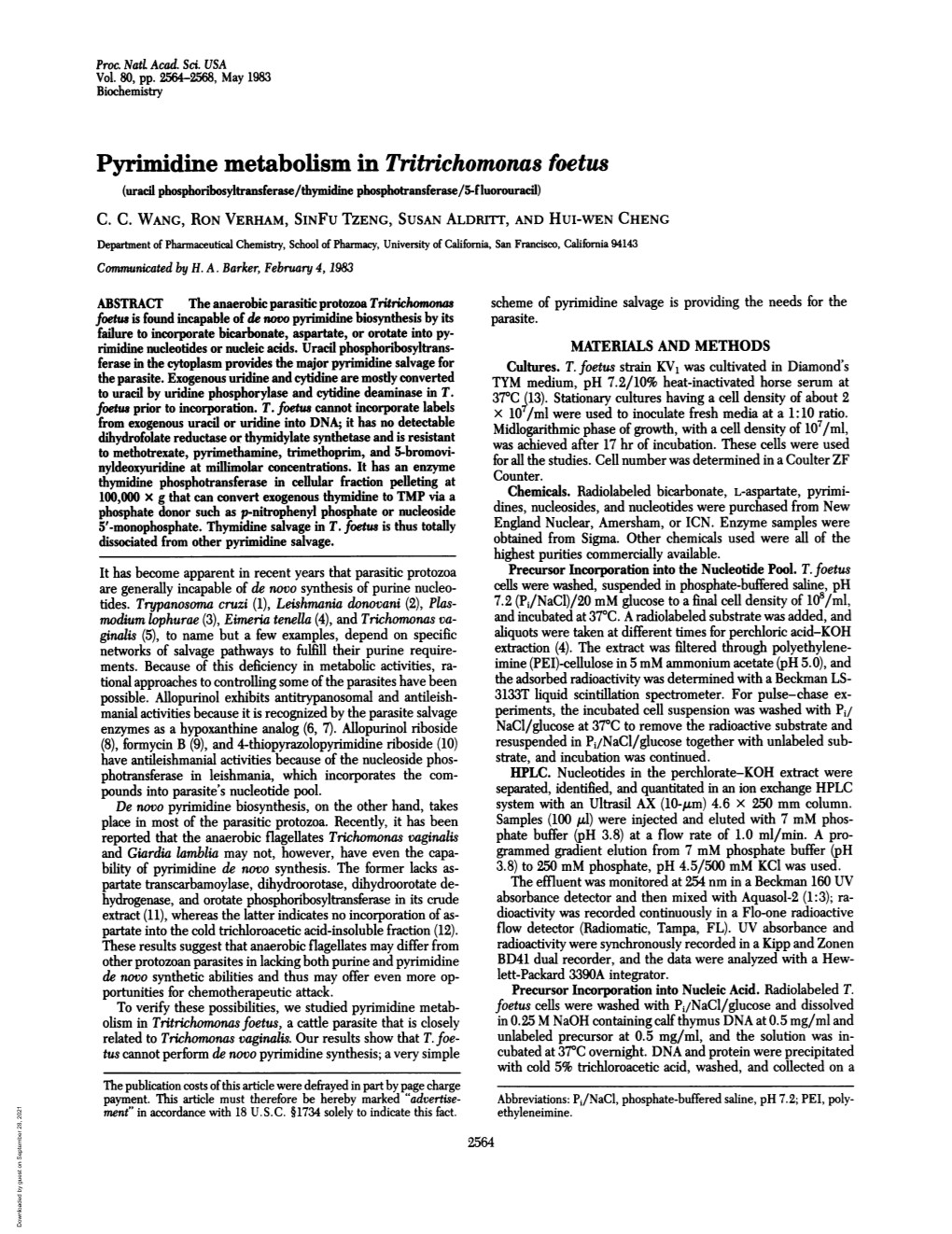 Pyrimidine Metabolism in Tritrichomonas Foetus (Uracil Phosphoribosyltransferase/Thymidine Phosphotransferase/5-Fluorouracil) C