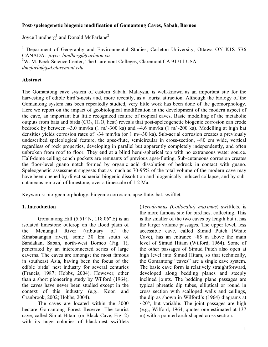 Speleogenesis and Post-Speleogenetic Biogenic Modification of Gomantong Caves, Sabah, Borneo