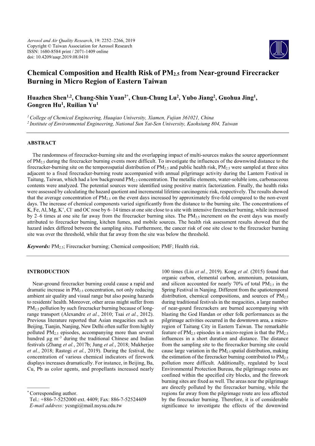 Chemical Composition and Health Riskof PM 2.5 from Near-Ground