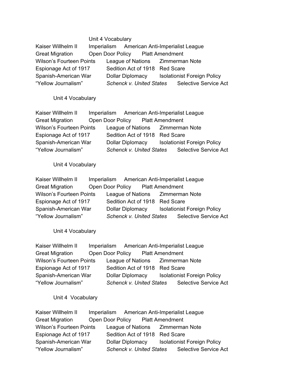 Unit 4 Vocabulary Kaiser Willhelm II Imperialism American Anti