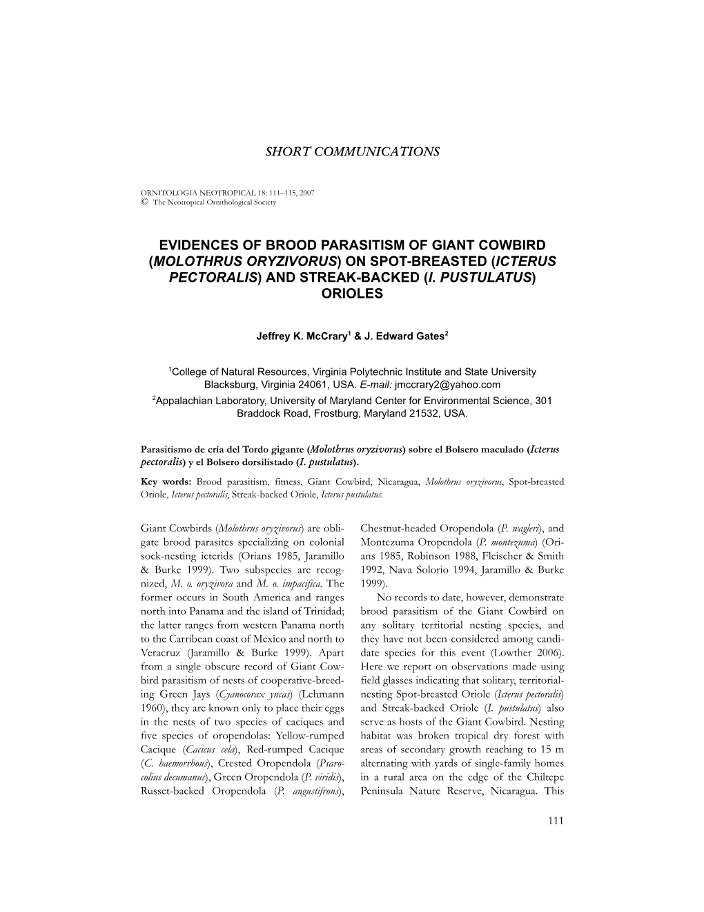 Evidences of Brood Parasitism of Giant Cowbird (Molothrus Oryzivorus) on Spot-Breasted (Icterus Pectoralis) and Streak-Backed (I