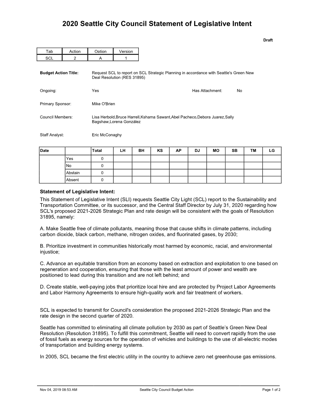 2020 Seattle City Council Statement of Legislative Intent