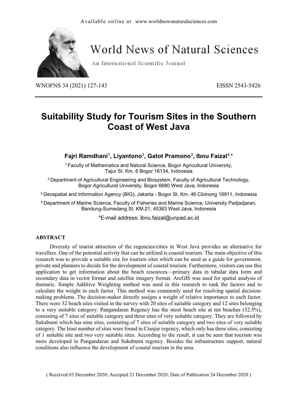 Suitability Study for Tourism Sites in the Southern Coast of West Java