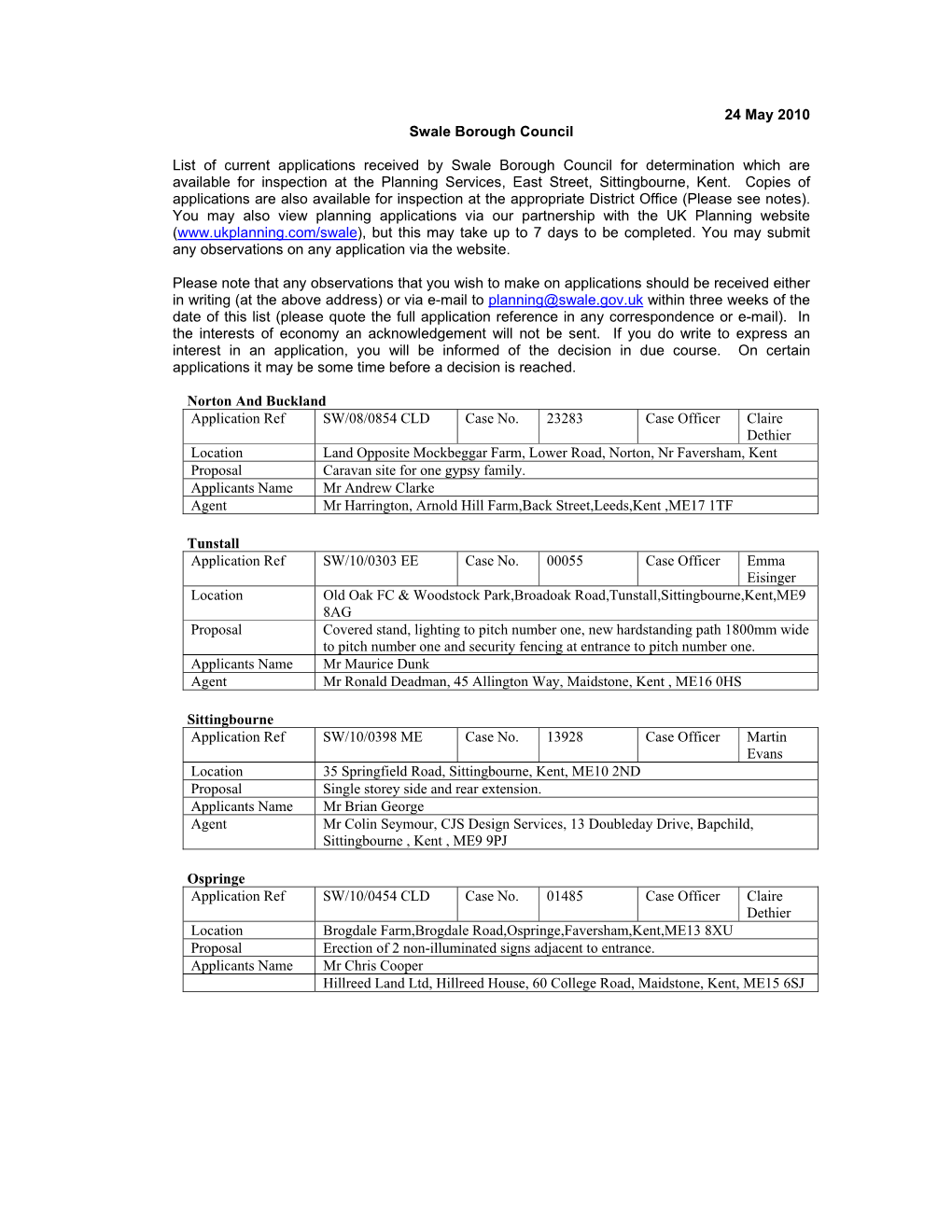 24 May 2010 Swale Borough Council List of Current Applications Received by Swale Borough Council for Determination Which Are