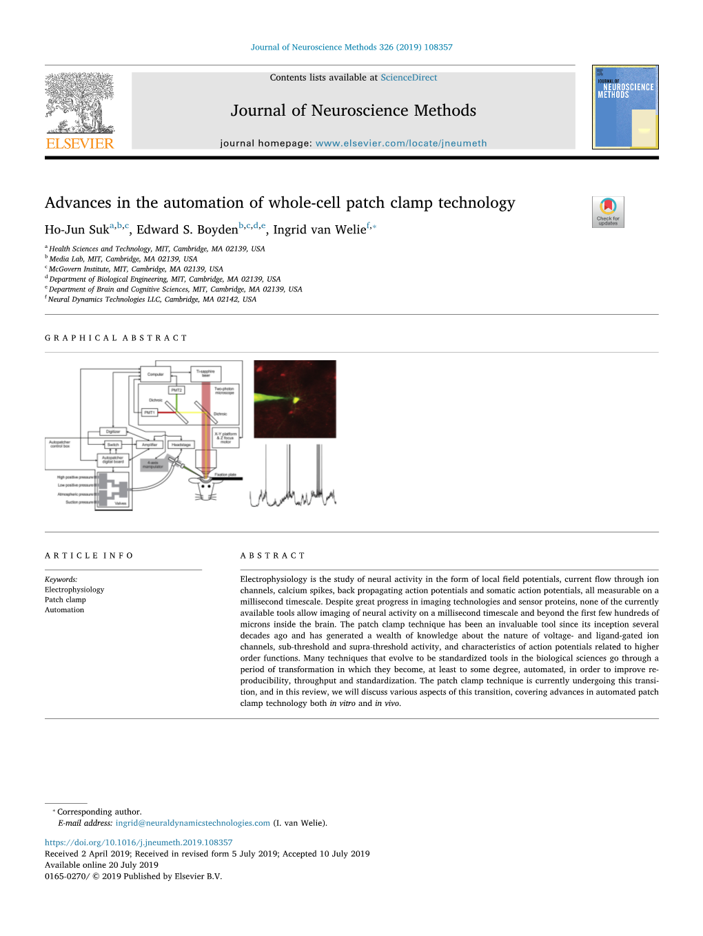 Advances in the Automation of Whole-Cell Patch Clamp Technology T ⁎ Ho-Jun Suka,B,C, Edward S