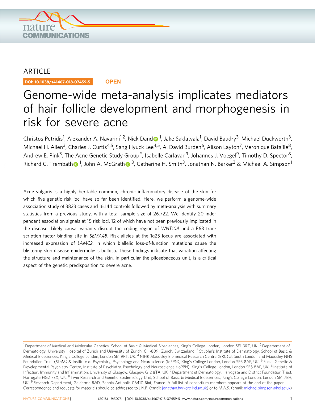 Genome-Wide Meta-Analysis Implicates Mediators of Hair Follicle Development and Morphogenesis in Risk for Severe Acne