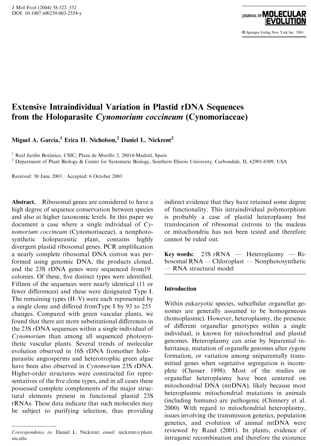 Extensive Intraindividual Variation in Plastid Rdna Sequences from the Holoparasite Cynomorium Coccineum (Cynomoriaceae)