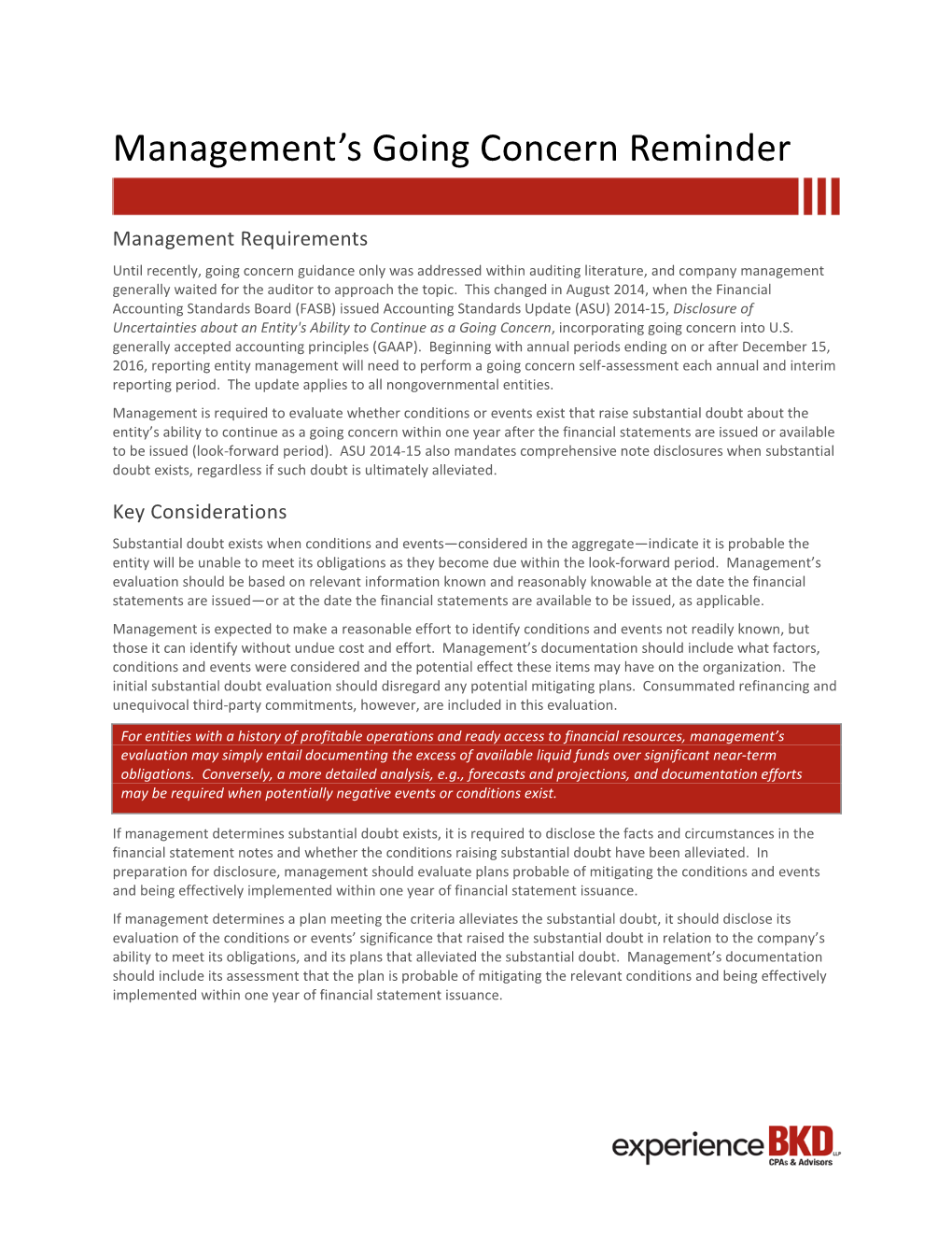 Management's Going Concern Reminder