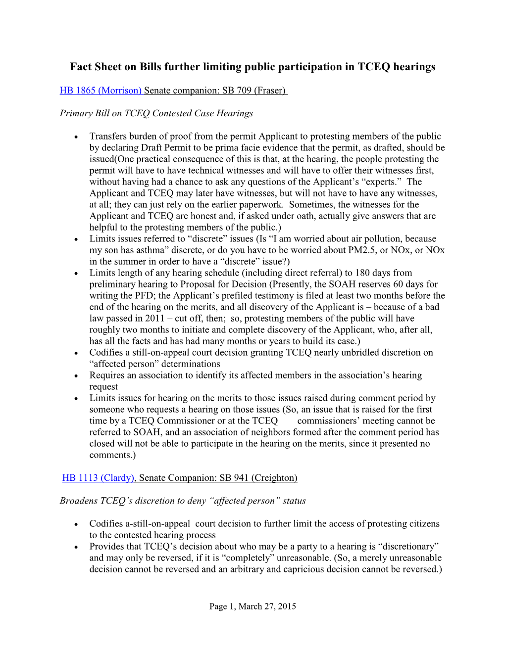 Fact Sheet on Bills Further Limiting Public Participation in TCEQ Hearings