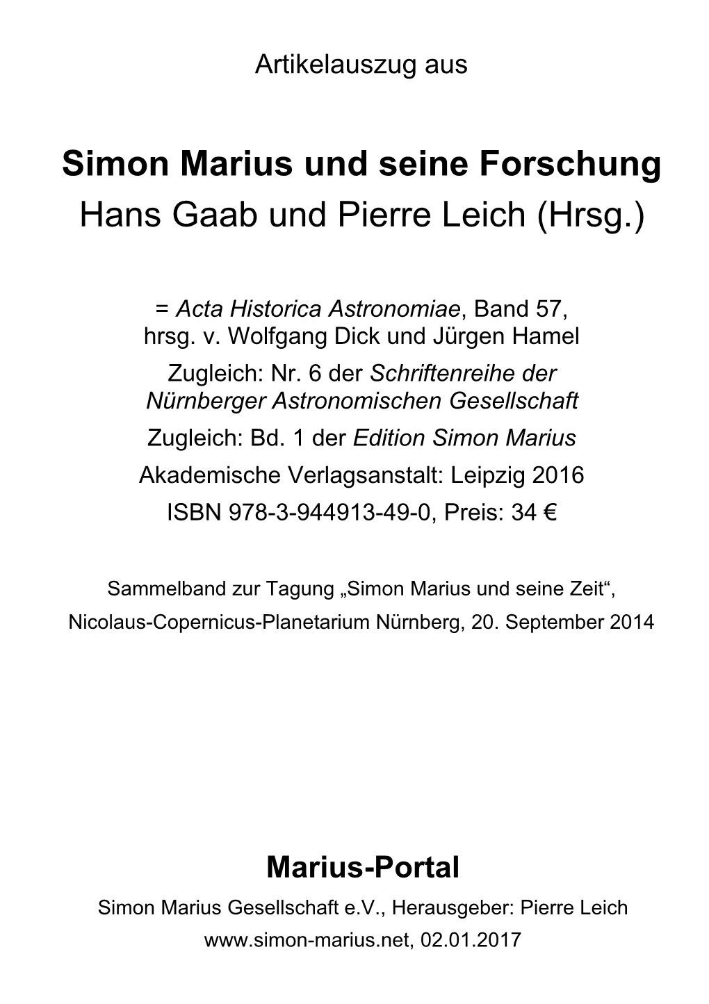 Simon Marius Und Seine Forschung Hans Gaab Und Pierre Leich (Hrsg.)