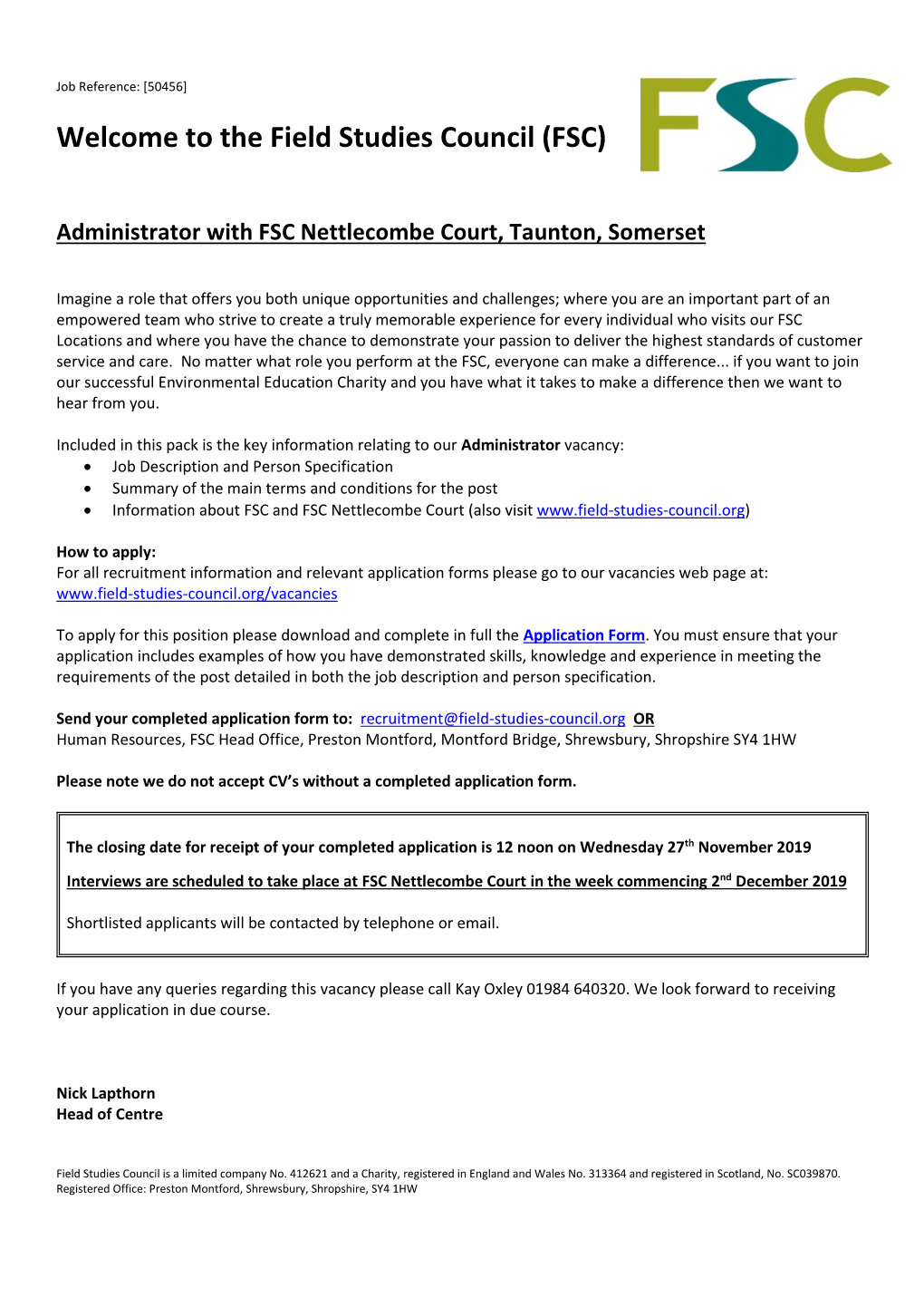 Administrator with FSC Nettlecombe Court, Taunton, Somerset
