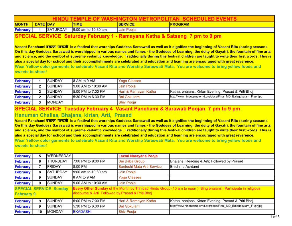 Hindu Temple of Washington Metropolitan Scheduled