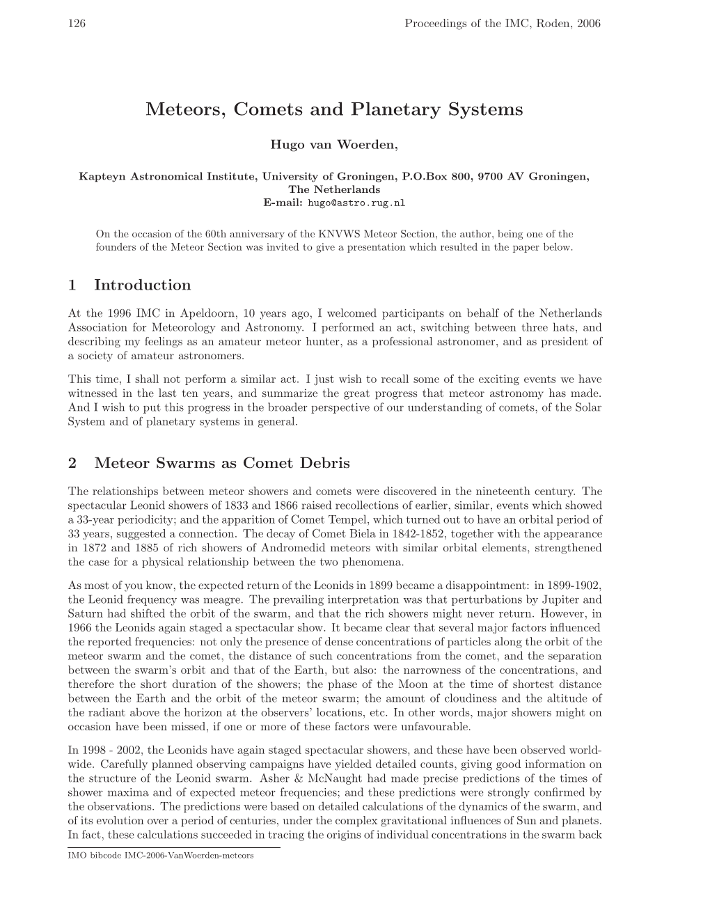 Meteors, Comets and Planetary Systems