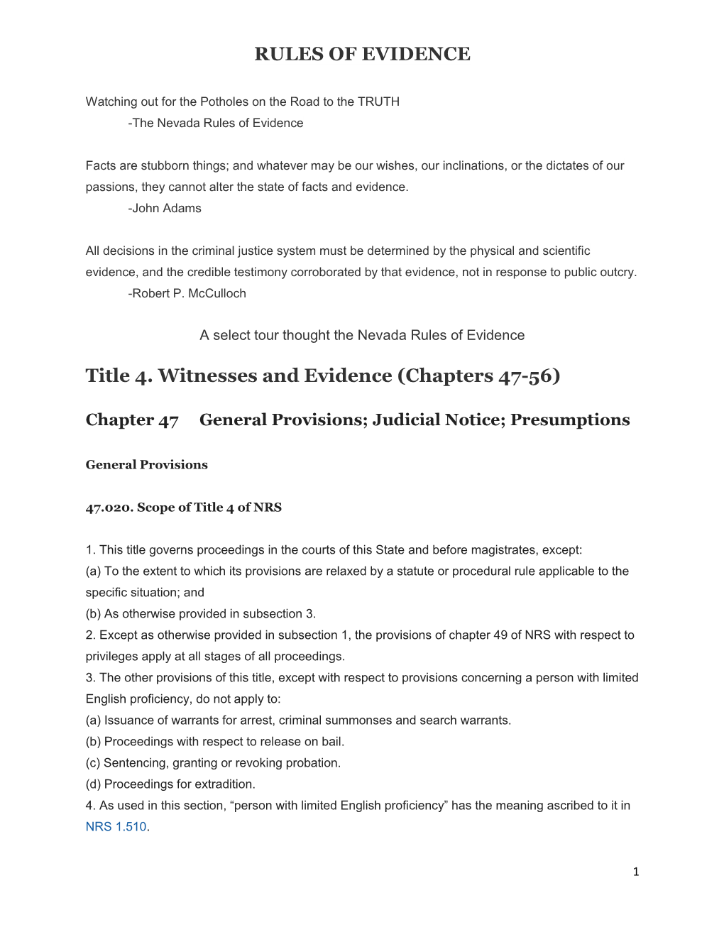 RULES of EVIDENCE Title 4. Witnesses and Evidence (Chapters 47-56)
