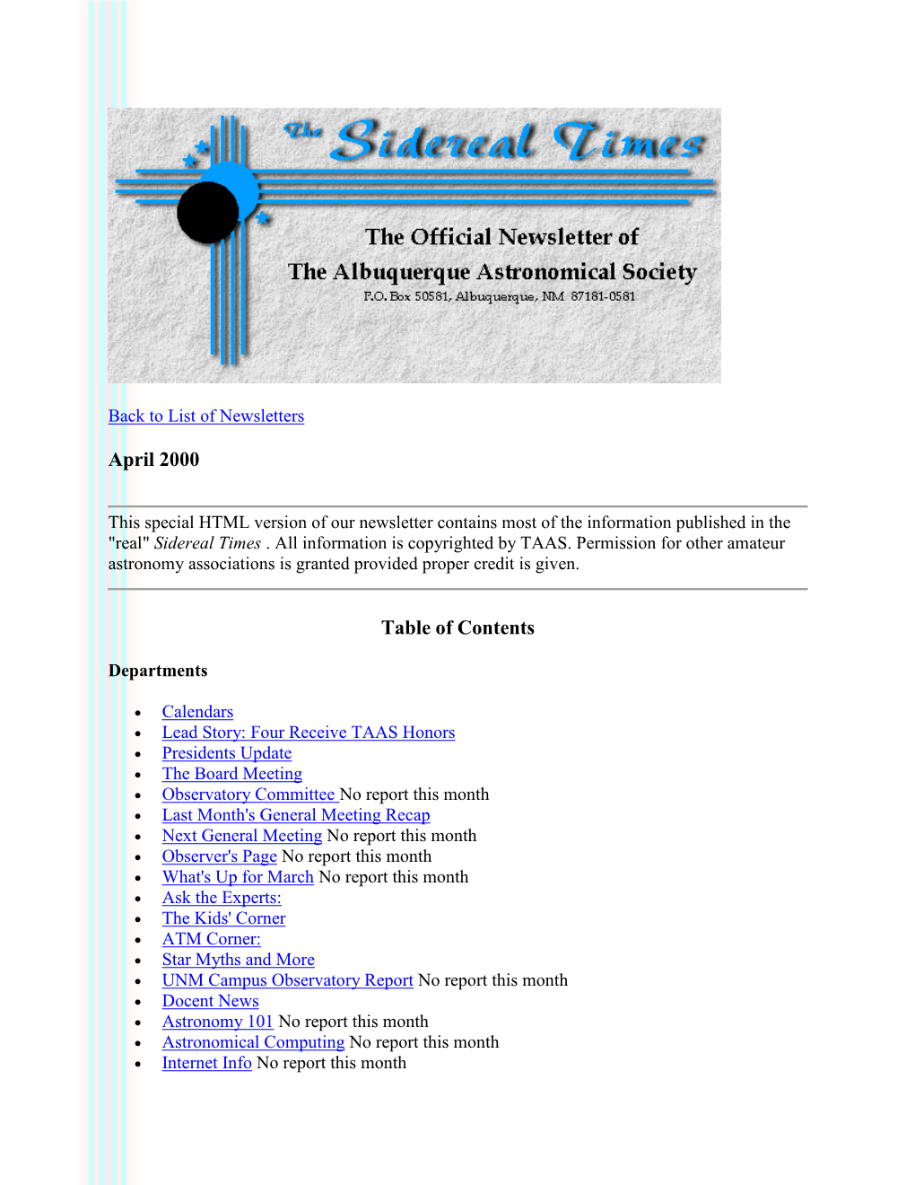 April 2000 the Albuquerque Astronomical Society News Letter