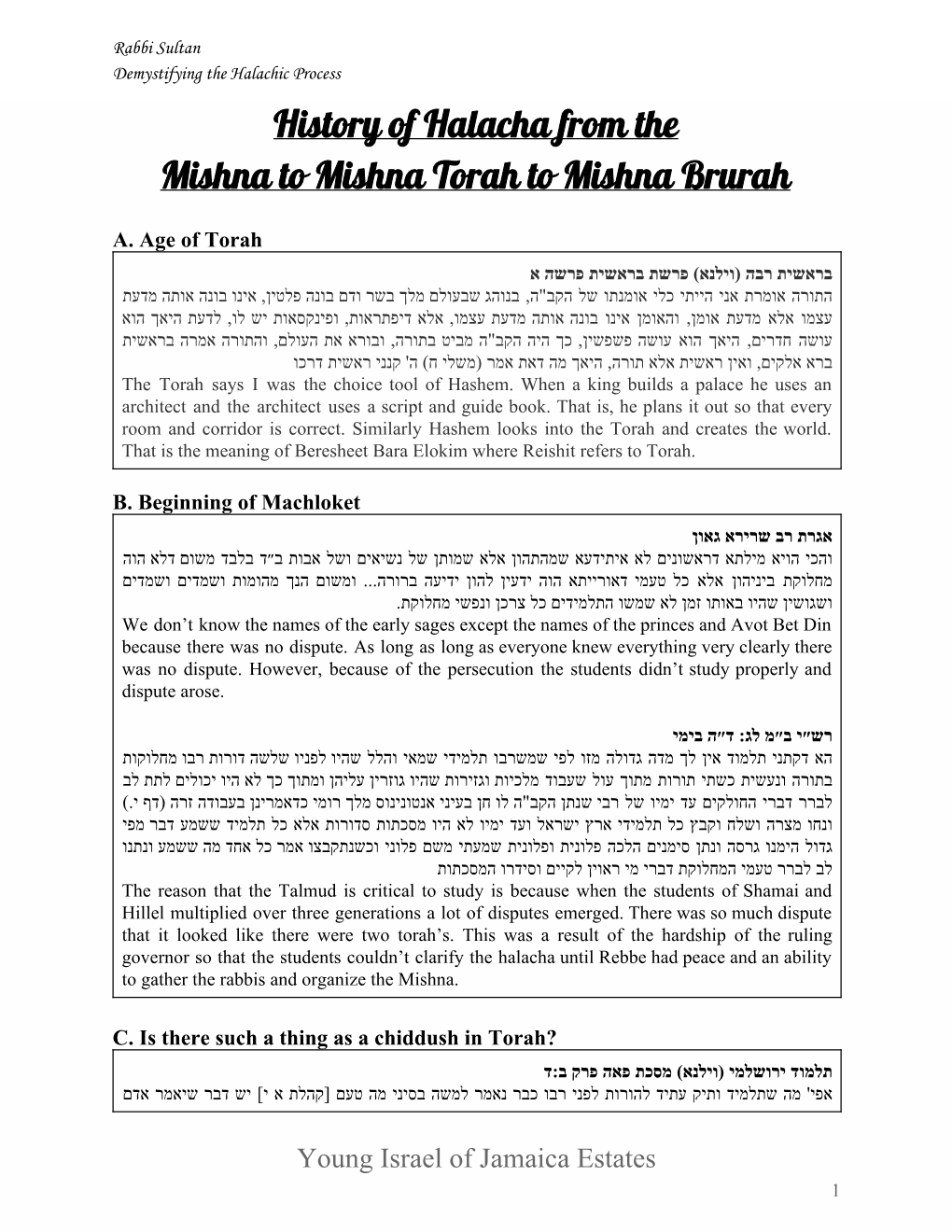 History of Halacha from the Mishna to Mishna Torah to Mishna Brurah