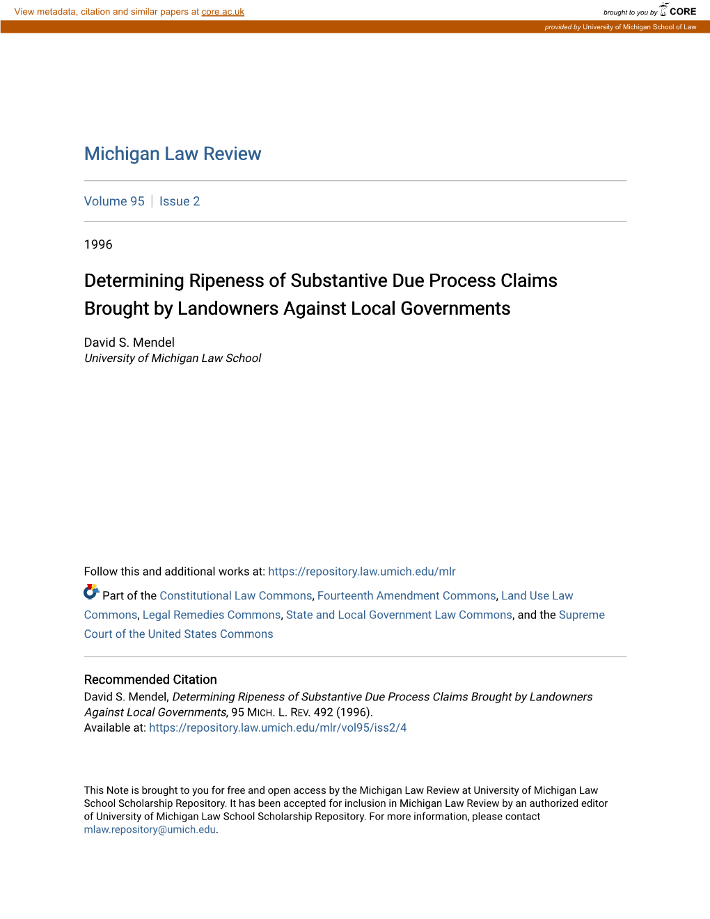 Determining Ripeness of Substantive Due Process Claims Brought by Landowners Against Local Governments