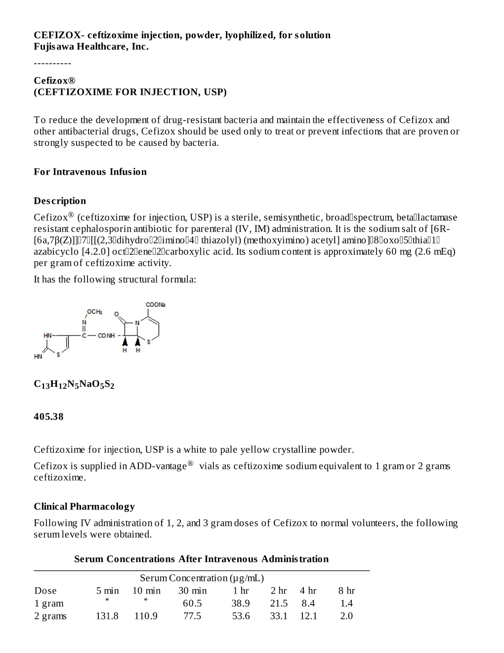 Cefizox®(CEFTIZOXIME for INJECTION, USP)