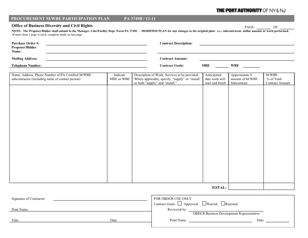 PA3749B: Procurement M/WBE Participation Plan