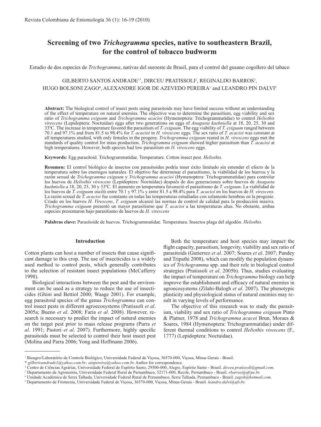 Screening of Two Trichogramma Species, Native to Southeastern Brazil, for the Control of Tobacco Budworm