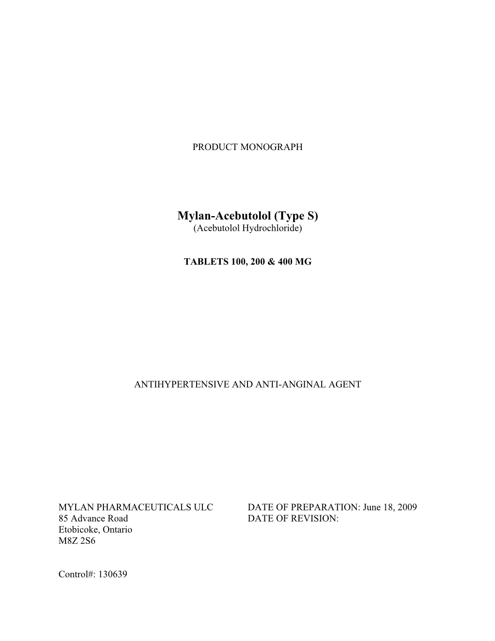 Mylan-Acebutolol (Type S) (Acebutolol Hydrochloride)