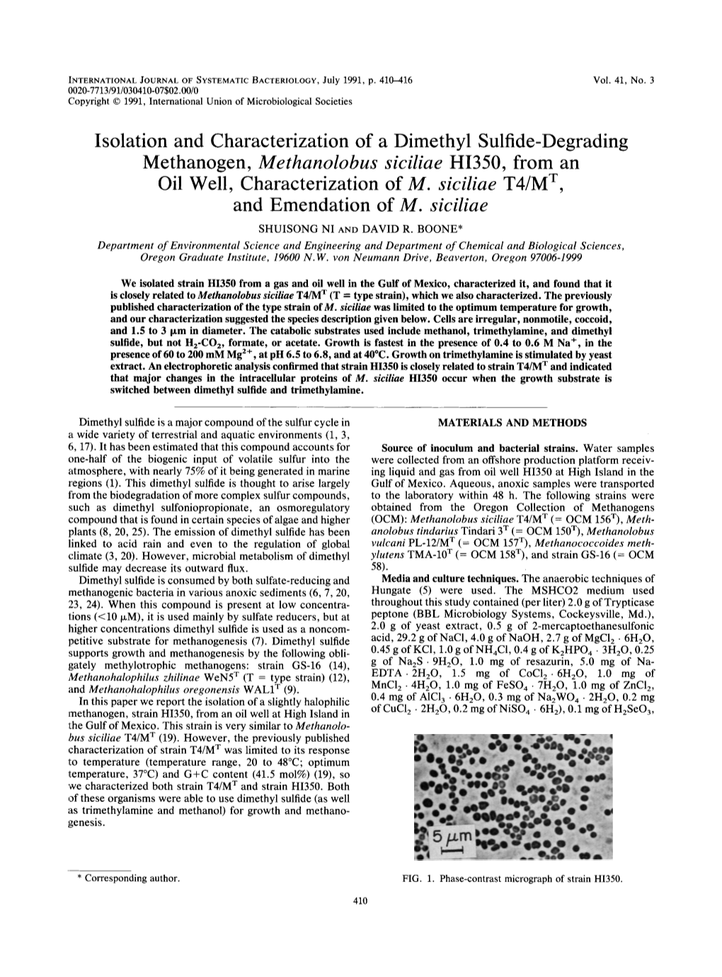 Isolation and Characterization of a Dimethyl Sulfide-Degrading Methanogen, Methanolobus Siciliae HI350, from an Oil Well, Characterization of M