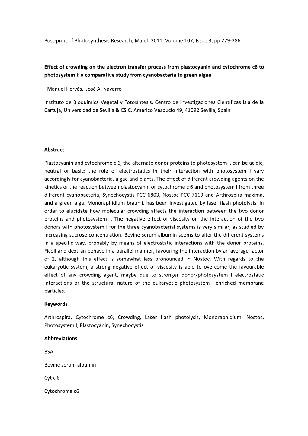 Post-Print of Photosynthesis Research, March 2011, Volume 107, Issue 3, Pp 279-286