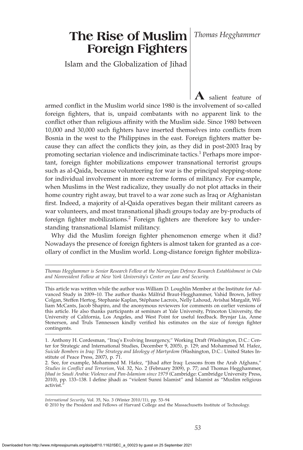 The Rise of Muslim Foreign Fighters the Rise of Muslim Thomas Hegghammer Foreign Fighters Islam and the Globalization of Jihad