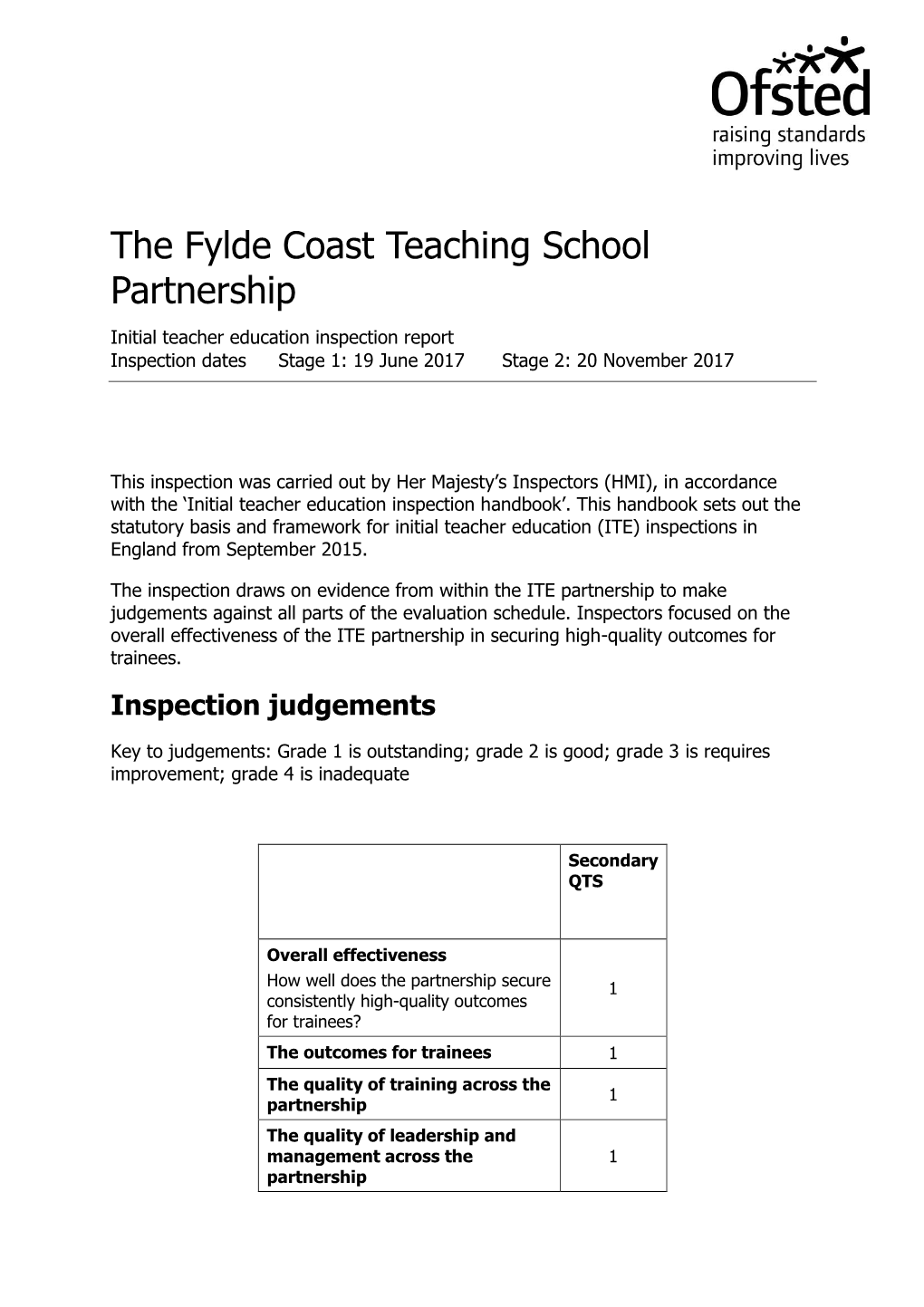 The Fylde Coast Teaching School Partnership Initial Teacher Education Inspection Report Inspection Dates Stage 1: 19 June 2017 Stage 2: 20 November 2017