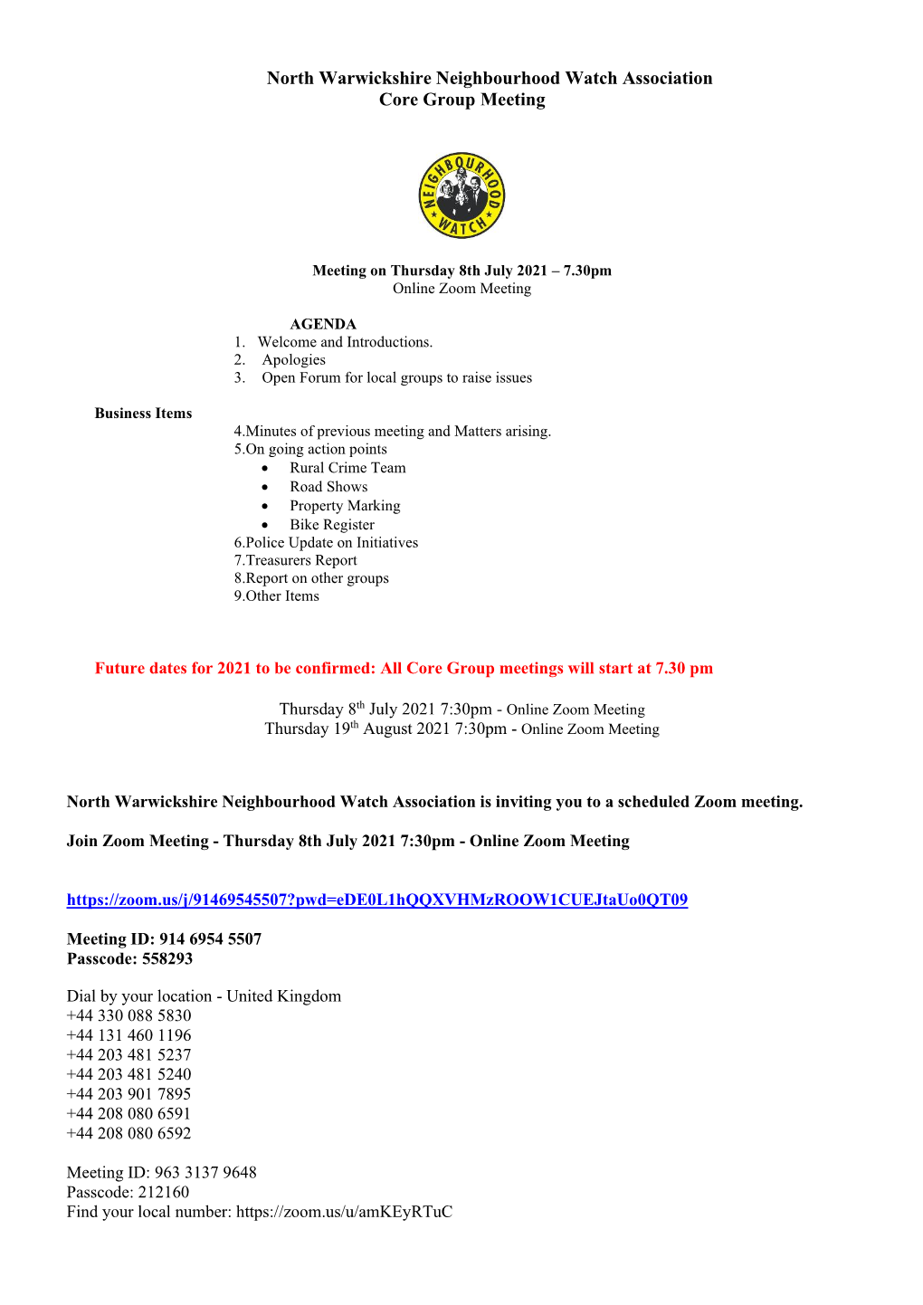 North Warwickshire Neighbourhood Watch Association Core Group Meeting