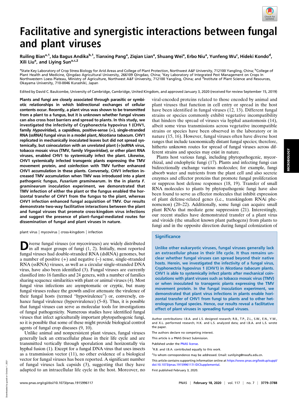 Facilitative and Synergistic Interactions Between Fungal and Plant Viruses