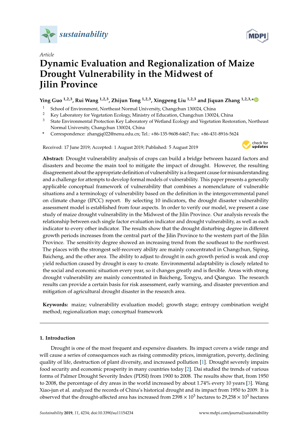 Dynamic Evaluation and Regionalization of Maize Drought Vulnerability in the Midwest of Jilin Province