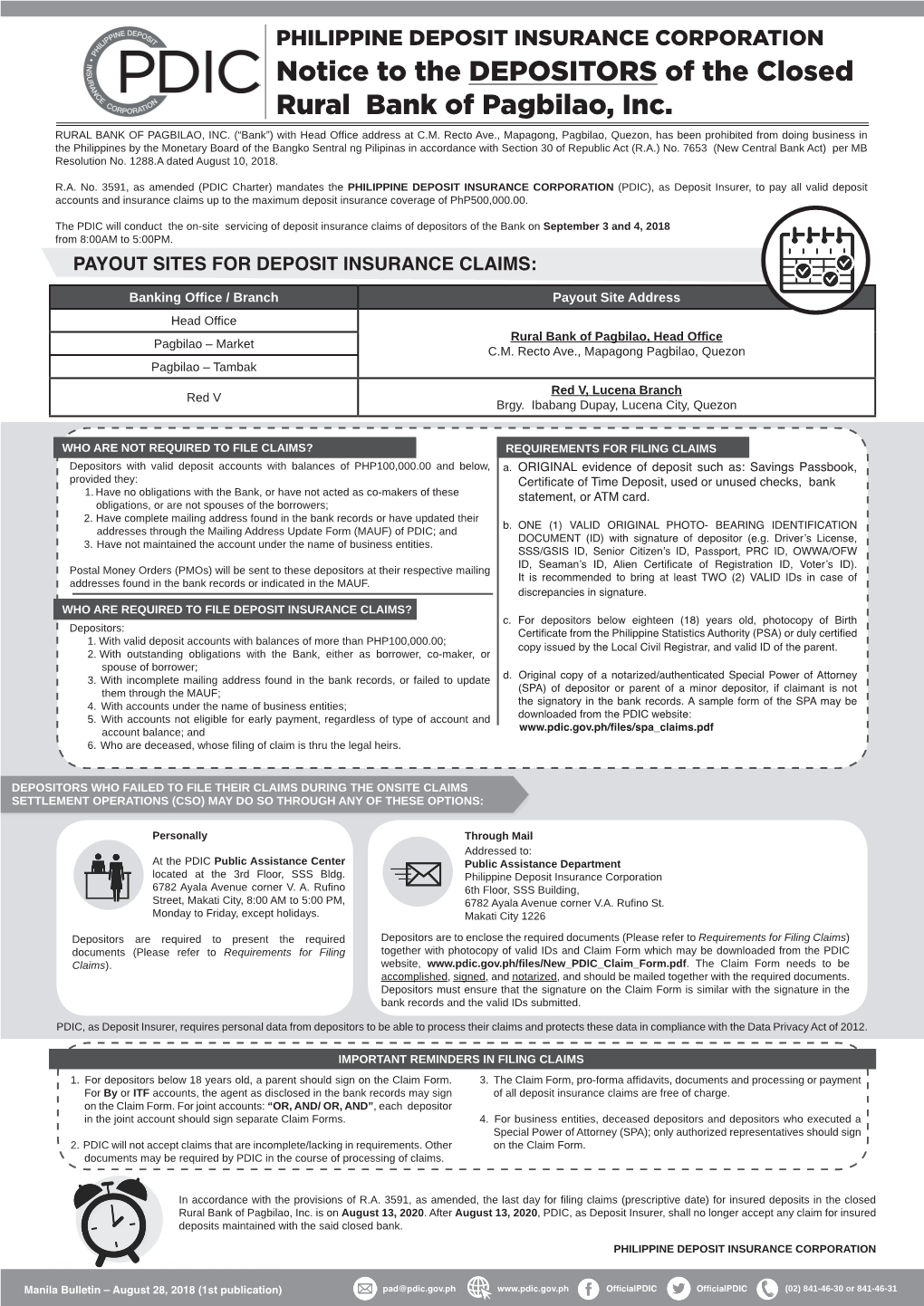 Notice to the DEPOSITORS of the Closed Rural Bank of Pagbilao, Inc. RURAL BANK of PAGBILAO, INC