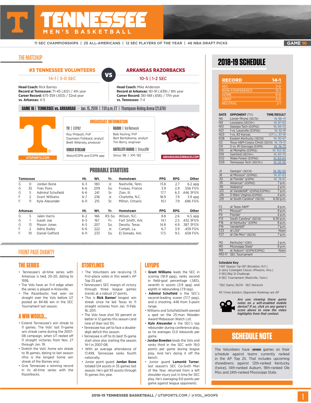 2018-19 Schedule Schedule Note