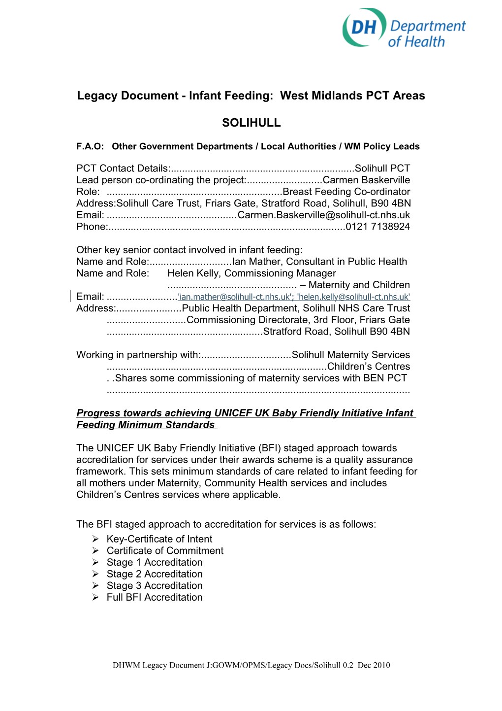 DHWM Legacy Document on West Midlands PCT Areas