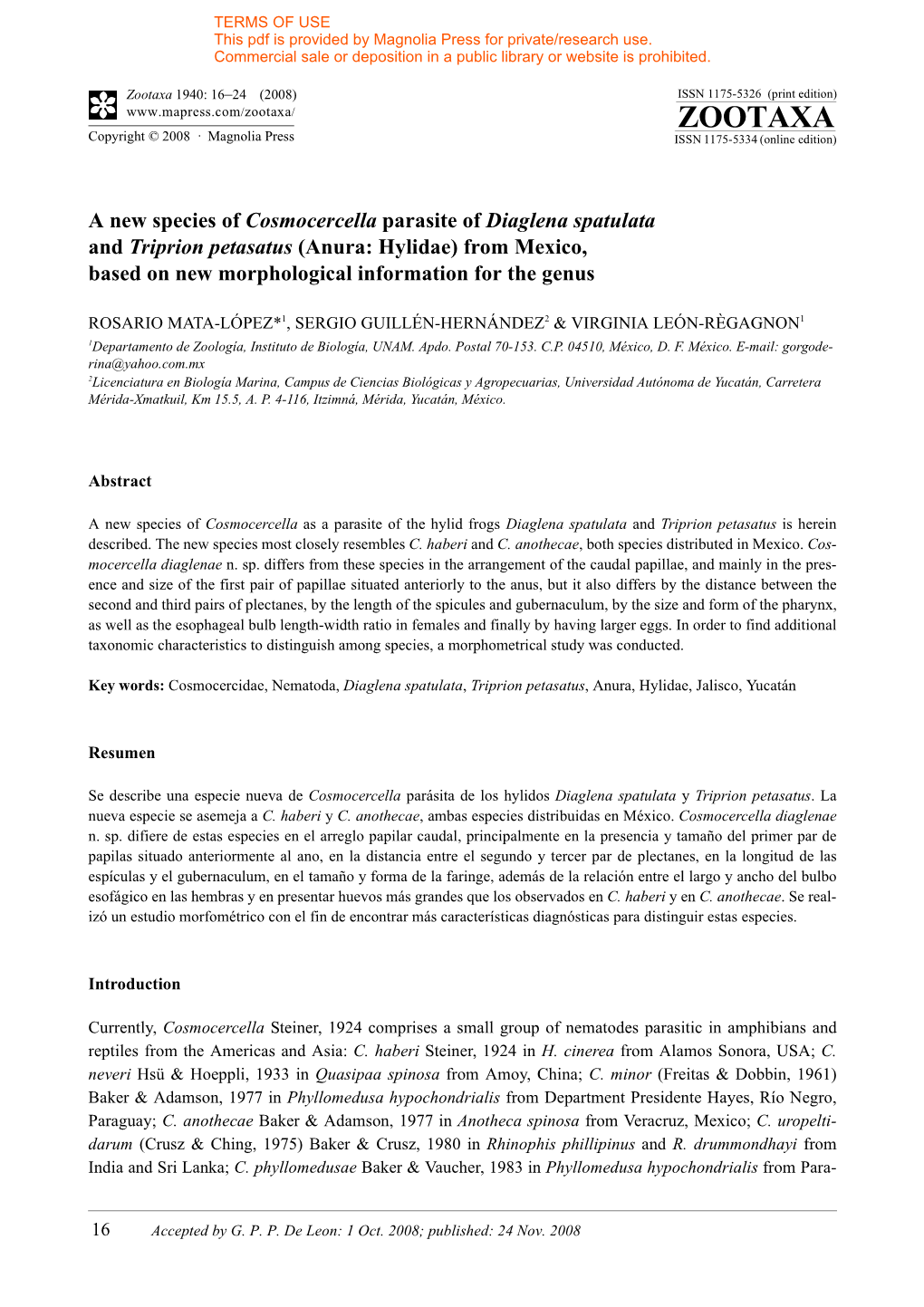 Zootaxa, a New Species of Cosmocercella Parasite of Diaglena Spatulata