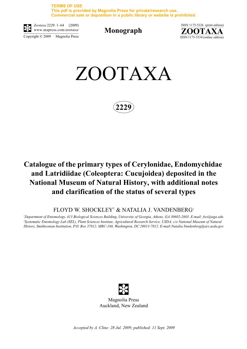 Zootaxa, Catalogue of the Primary Types of Cerylonidae, Endomychidae