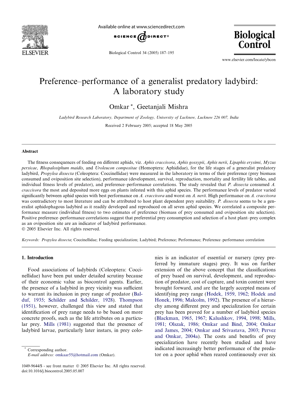 Preference–Performance of a Generalist Predatory Ladybird: a Laboratory Study