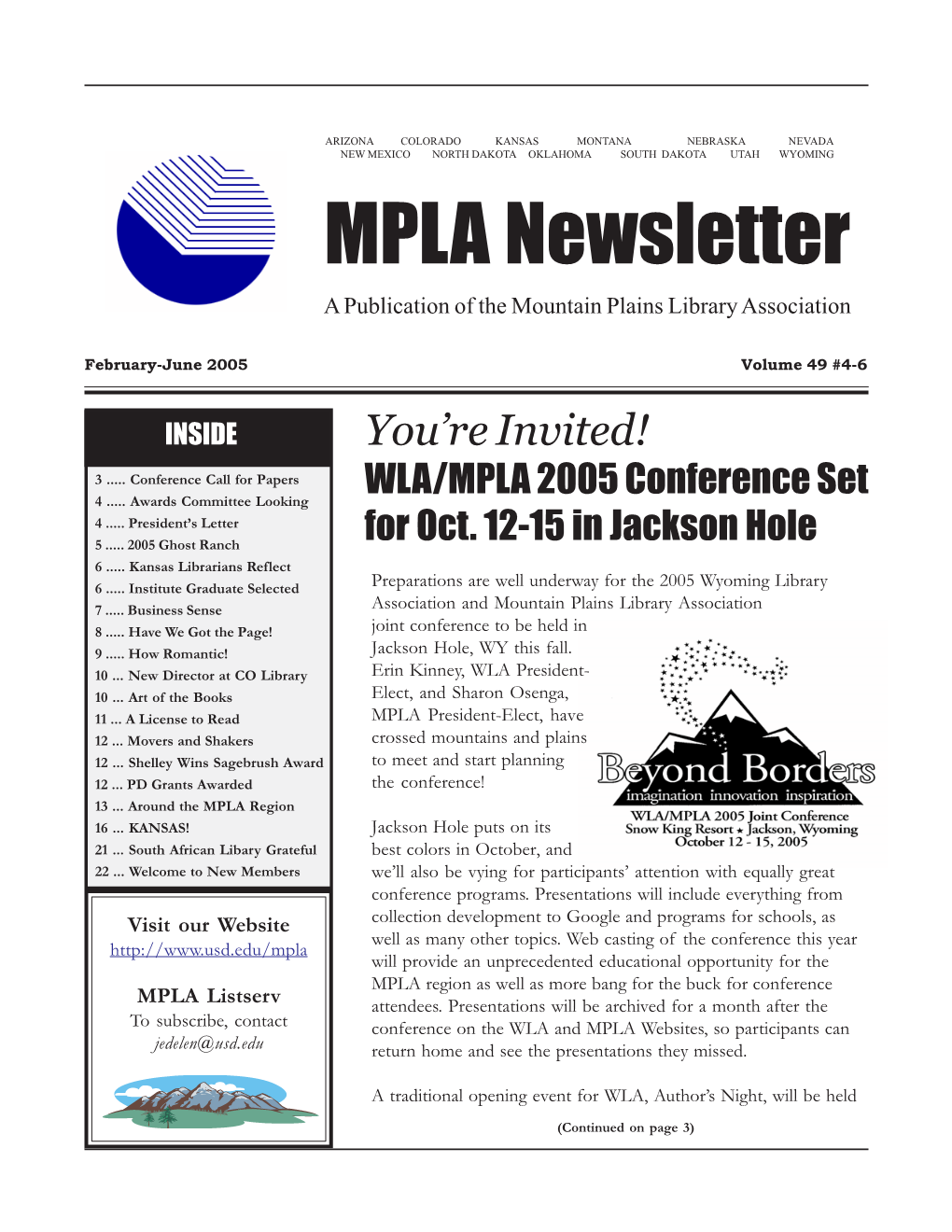 MPLA Newsletter a Publication of the Mountain Plains Library Association
