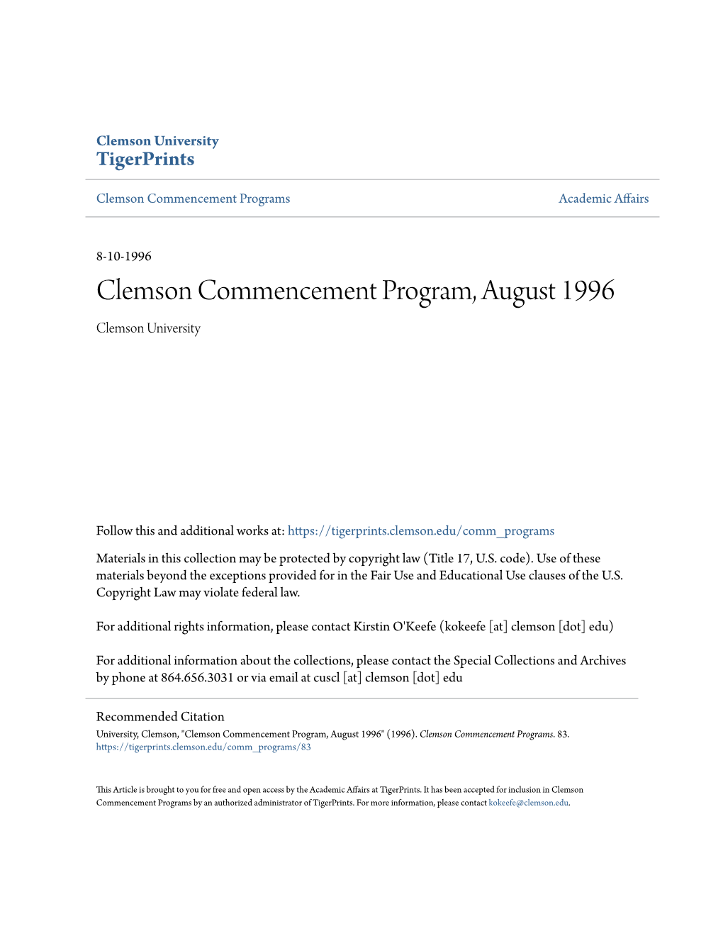 Clemson Commencement Program, August 1996 Clemson University