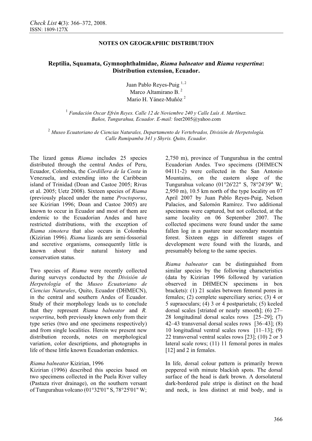 Reptilia, Squamata, Gymnophthalmidae, Riama Balneator and Riama Vespertina: Distribution Extension, Ecuador