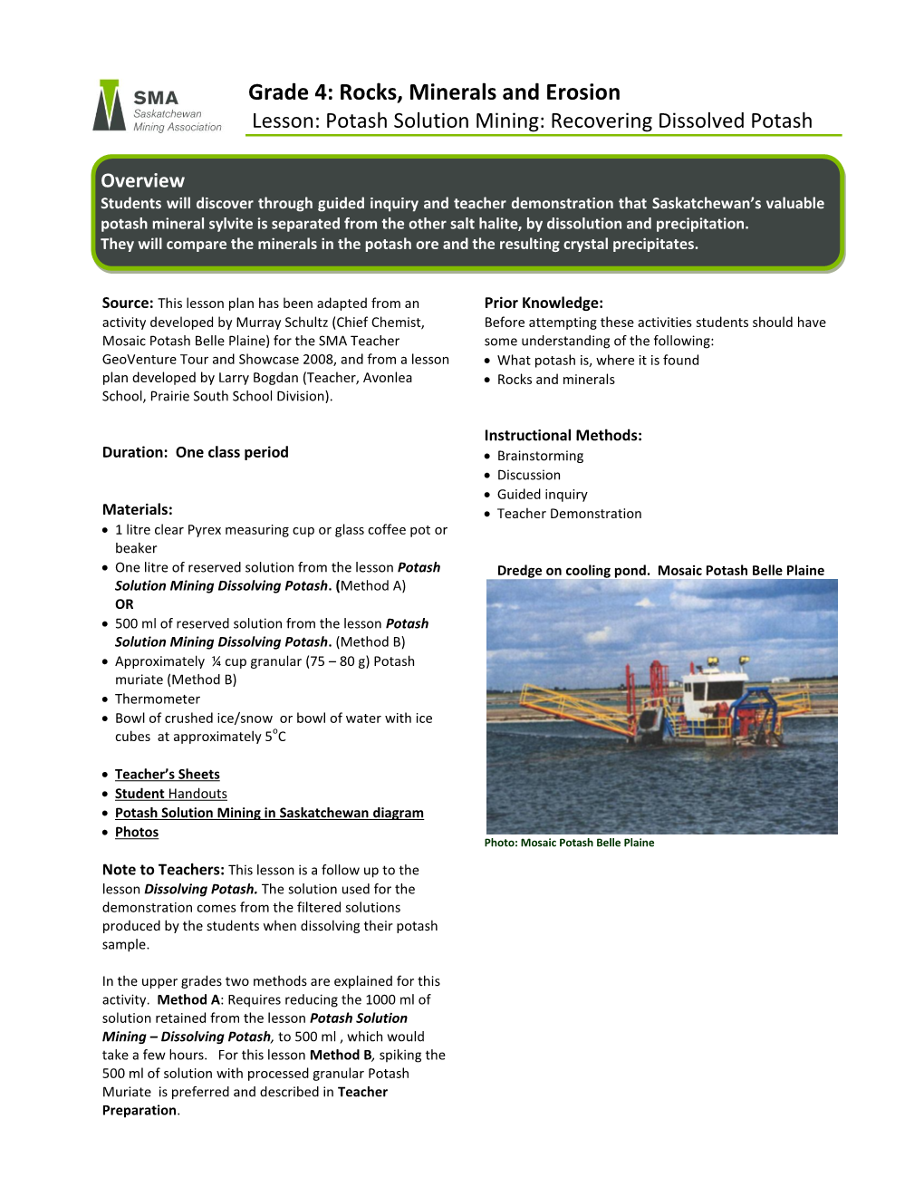 Grade 4: Rocks, Minerals and Erosion Lesson: Potash Solution Mining: Recovering Dissolved Potash