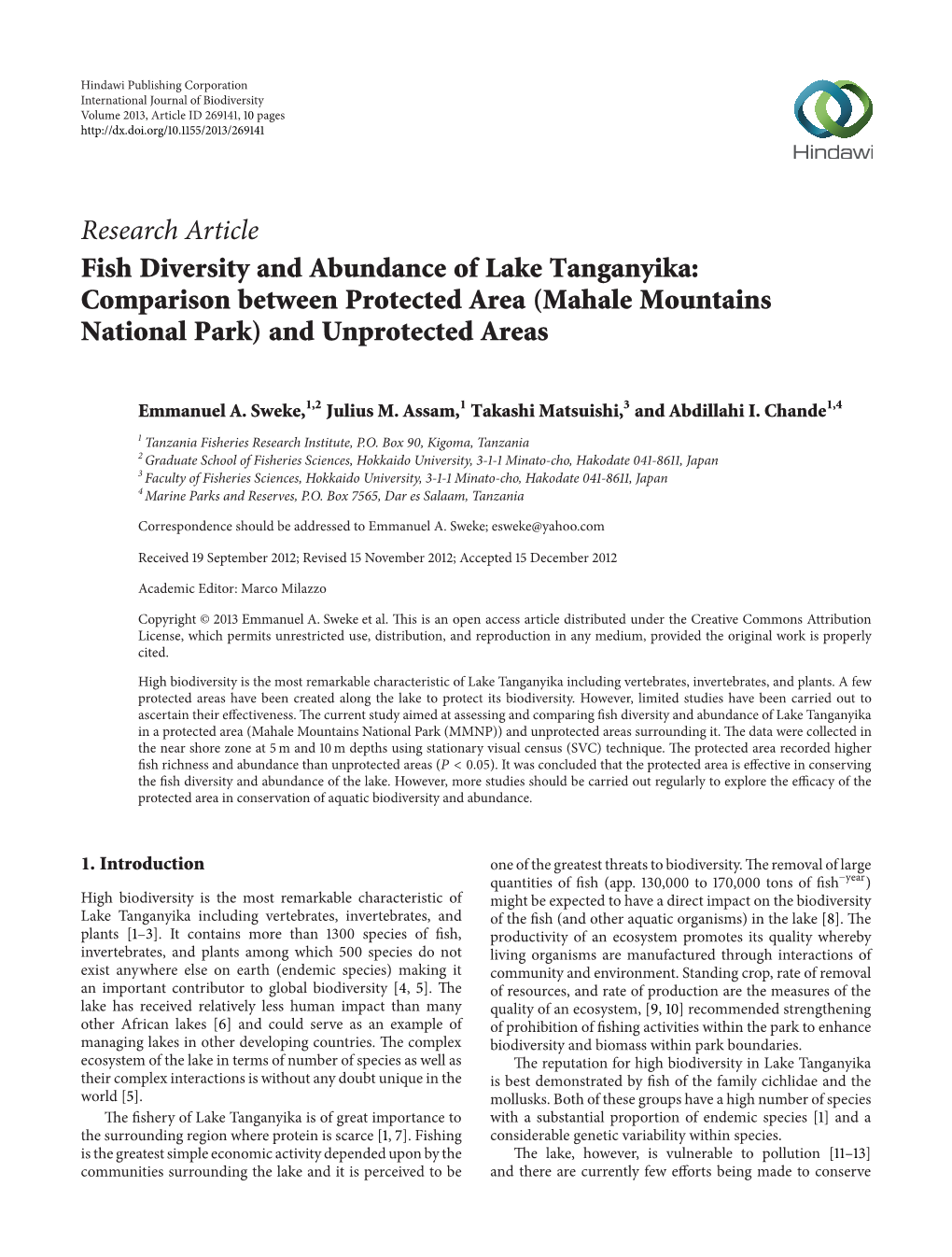 Fish Diversity and Abundance of Lake Tanganyika: Comparison Between Protected Area (Mahale Mountains National Park) and Unprotected Areas