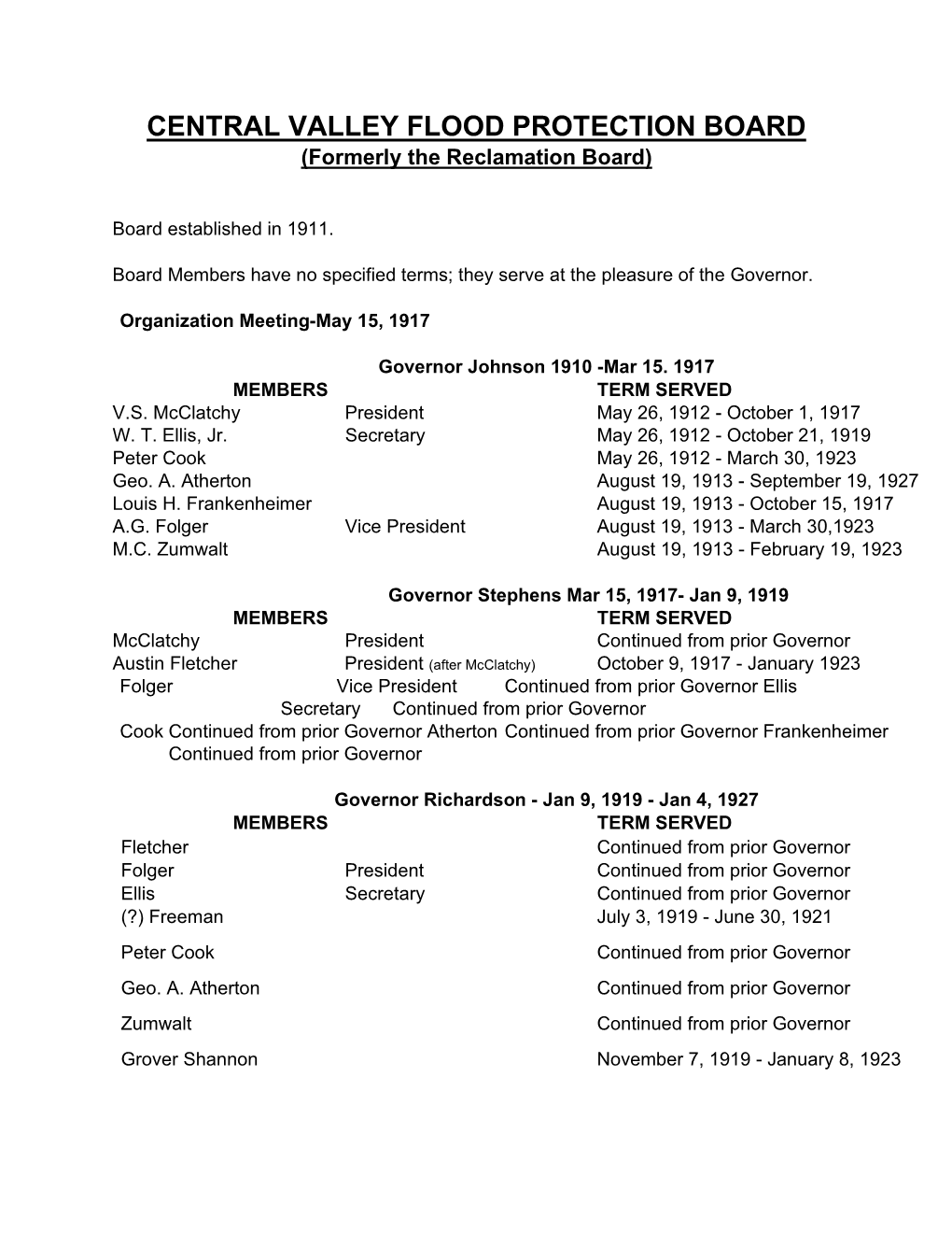 CENTRAL VALLEY FLOOD PROTECTION BOARD (Formerly the Reclamation Board)