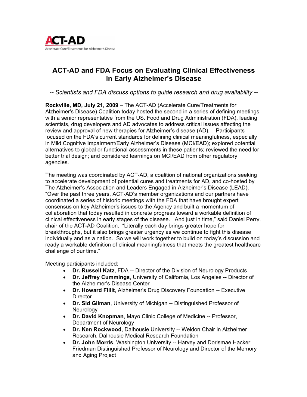 ACT-AD and FDA Focus on Evaluating Clinical Effectiveness in Early Alzheimer's Disease