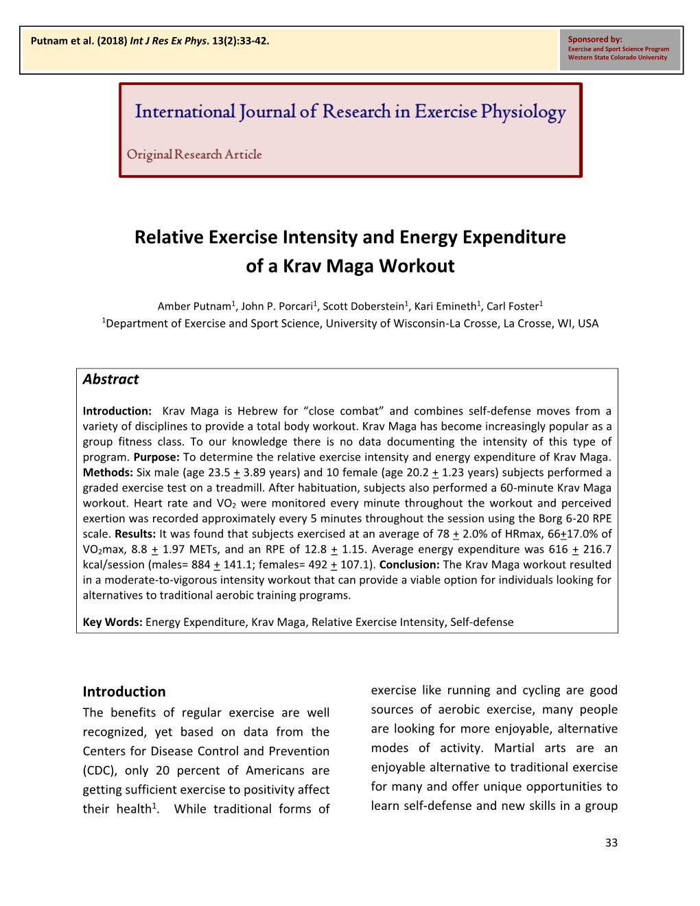 Relative Exercise Intensity and Energy Expenditure of a Krav Maga Workout