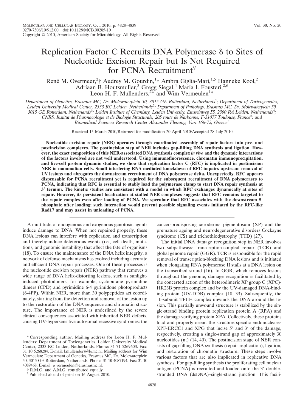 Replication Factor C Recruits DNA Polymerase to Sites of Nucleotide Excision Repair but Is Not Required for PCNA Recruitment